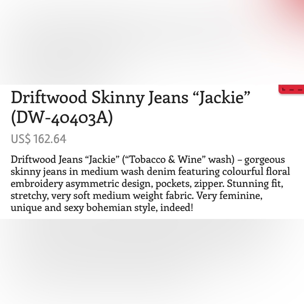 NEW Driftwood Embroidered Jackie Skinny Jean Tobacco & Wine Was Blue Jeans 28 - Picture 6 of 17